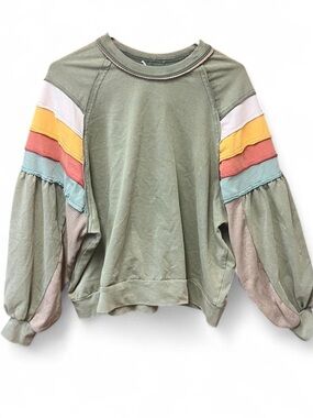 easel Sage Green Crewneck Sweater with Pastel Stripe Sleeves